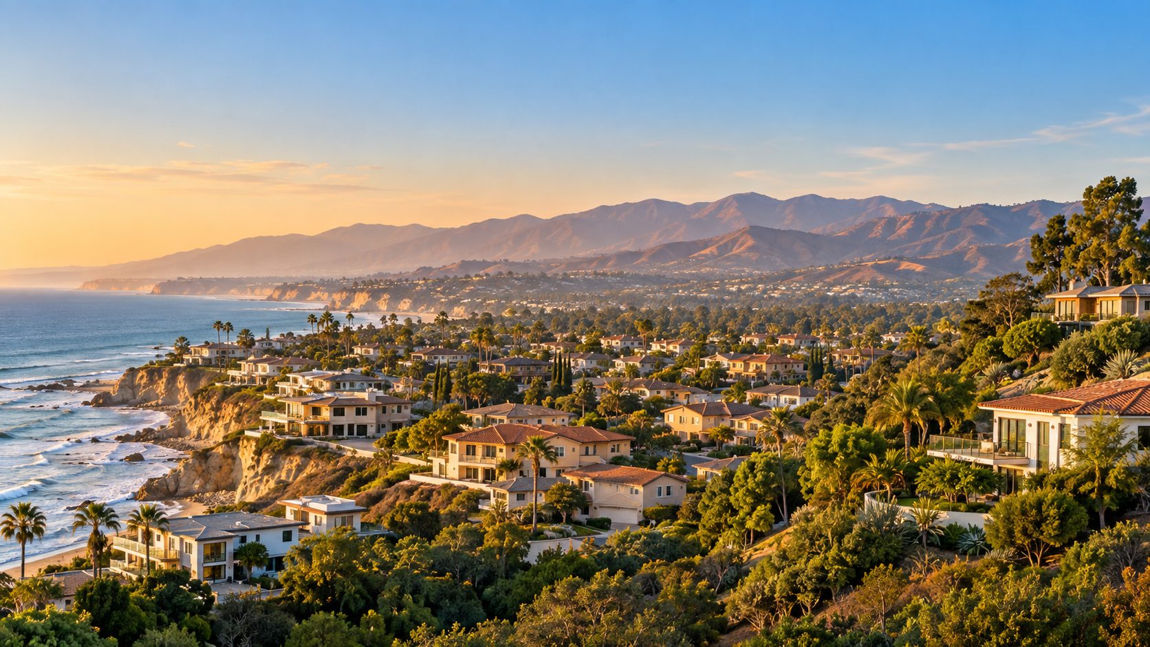 Southern California homes along the coast and inland hills representing different regional housing-market conditions