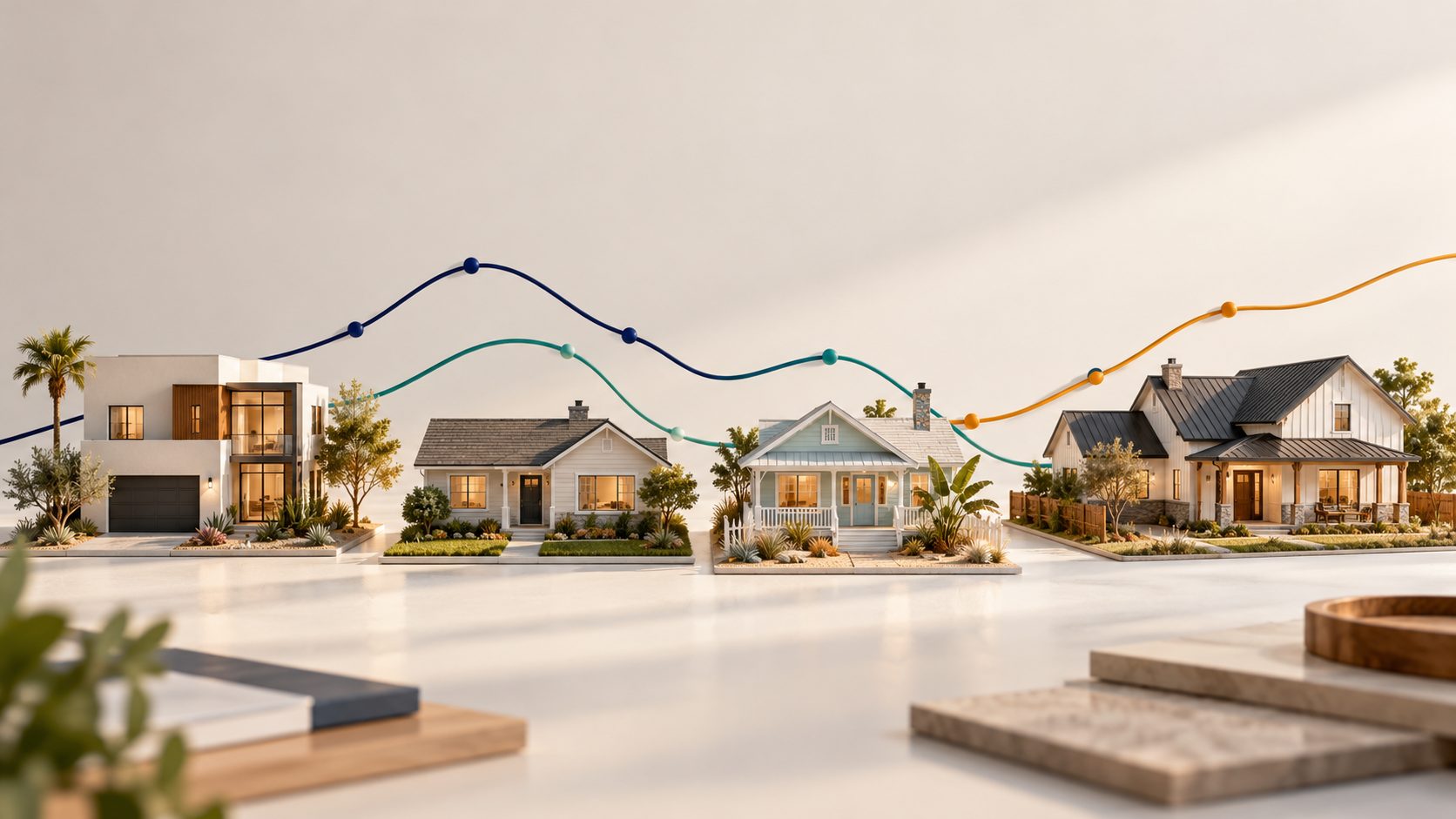 Model homes with rising, falling and level lines representing different Southern California housing market trends.